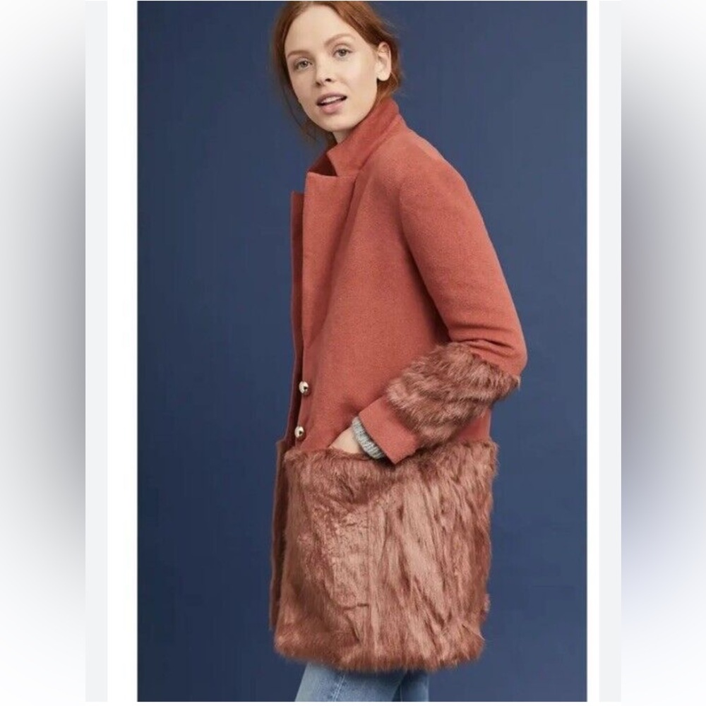 NWT Anthropologie Rust Faux Fur Trim Coat